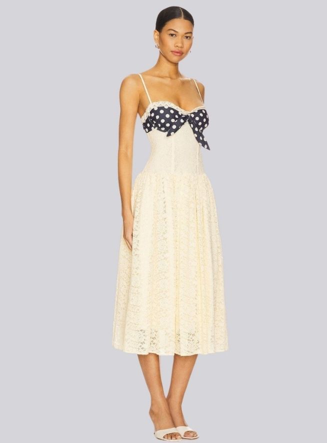 Robe Colette Rétro Crème – Nœud bustier à pois